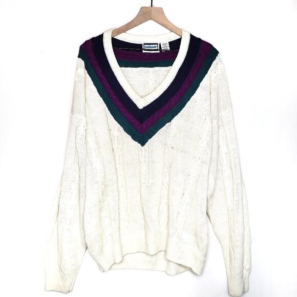 Vintage Cable Knit V-neck Preppy Oversized Grandpa Sweater‎ L Tunic Ivory Unisex - Picture 1 of 6